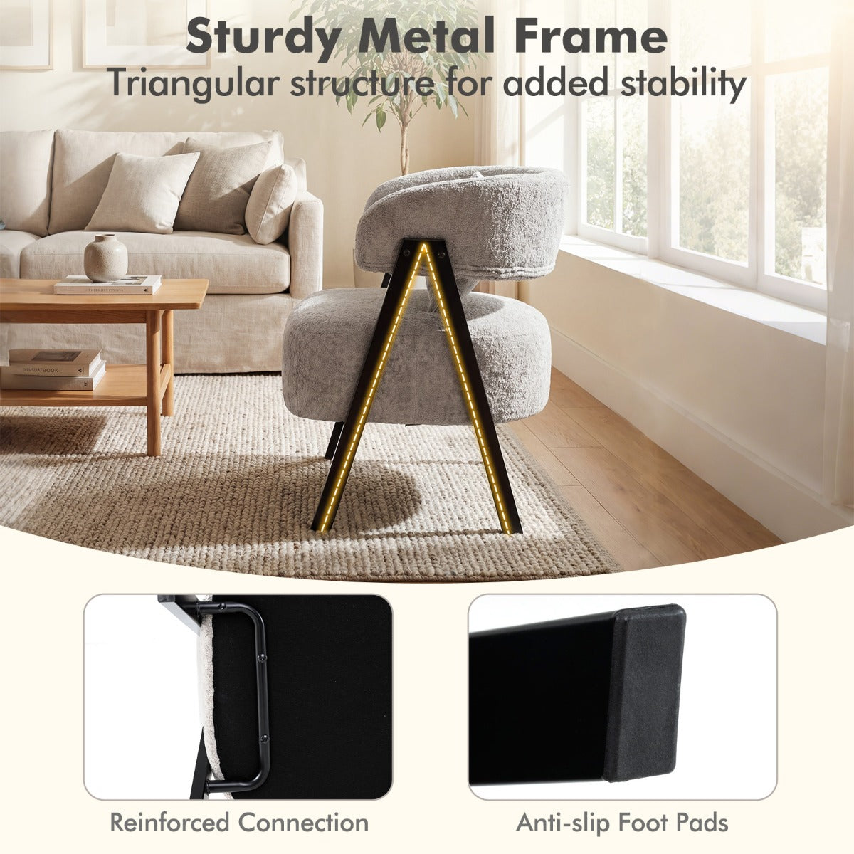 Livsk costway leesstoel fauteuil bekleed met kunstbont loungestoel met lendenkussen en metalen poten moderne relaxfauteuil grijs 4