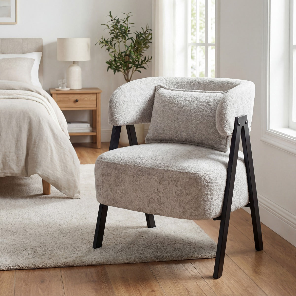 Livsk costway leesstoel fauteuil bekleed met kunstbont loungestoel met lendenkussen en metalen poten moderne relaxfauteuil grijs 6