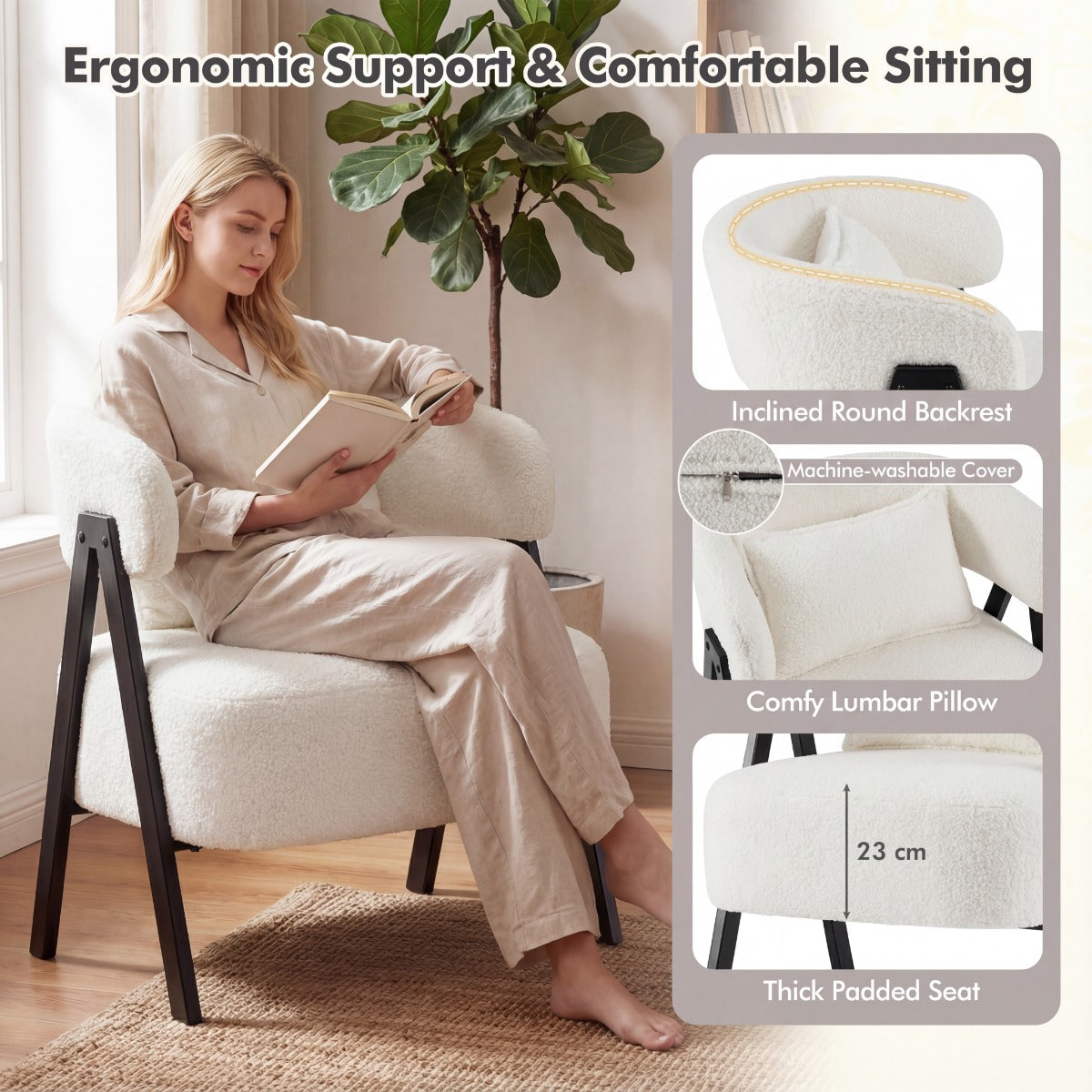 Livsk costway leesstoel fauteuil bekleed met kunstbont loungestoel met lendenkussen en metalen poten moderne relaxfauteuil wit 3