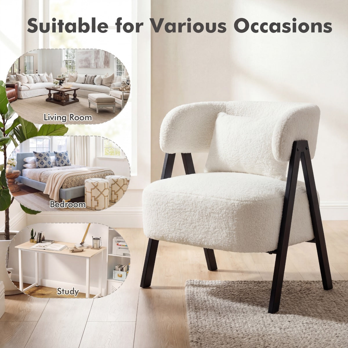Livsk costway leesstoel fauteuil bekleed met kunstbont loungestoel met lendenkussen en metalen poten moderne relaxfauteuil wit 5