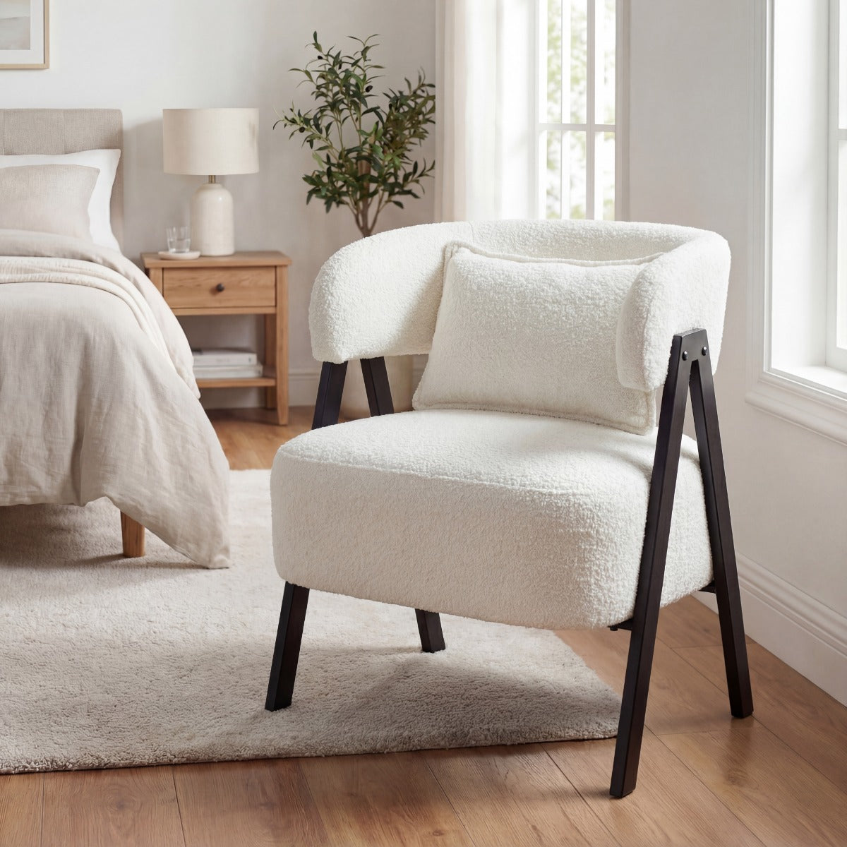 Livsk costway leesstoel fauteuil bekleed met kunstbont loungestoel met lendenkussen en metalen poten moderne relaxfauteuil wit 6