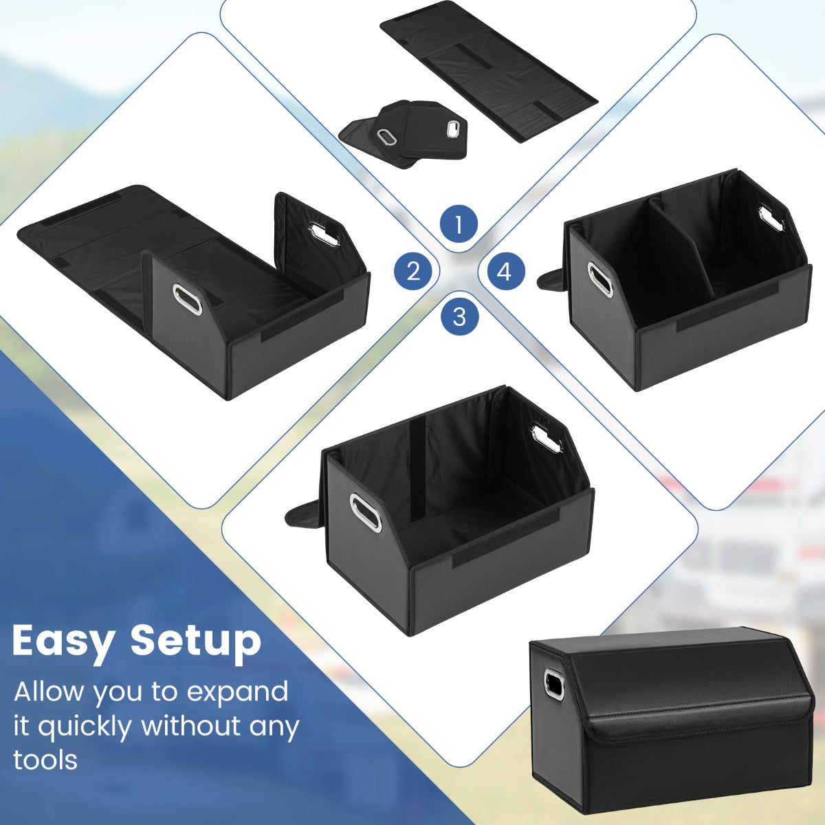 Livsk costway leren auto kofferbakorganizer met deksel opvouwbare en inklapbare opbergbox met verwijderbare scheidingswand en grote capaciteit 2