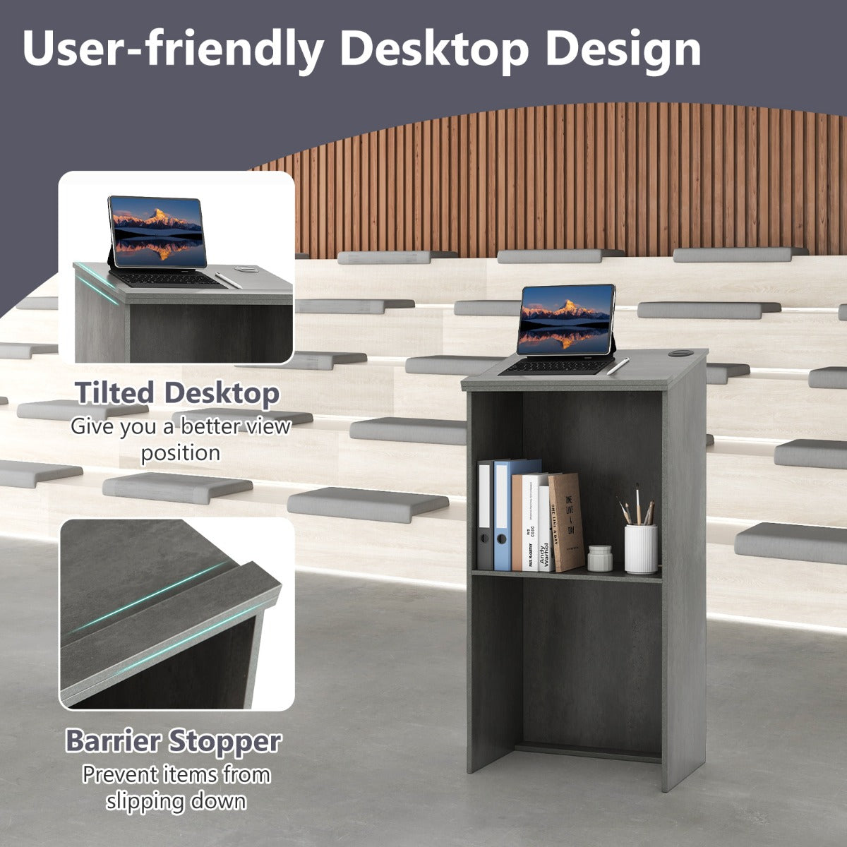 Livsk costway lessenaar lectern staande bureau van hout voor klaslokalen kantoor restaurant seminar grijs 5