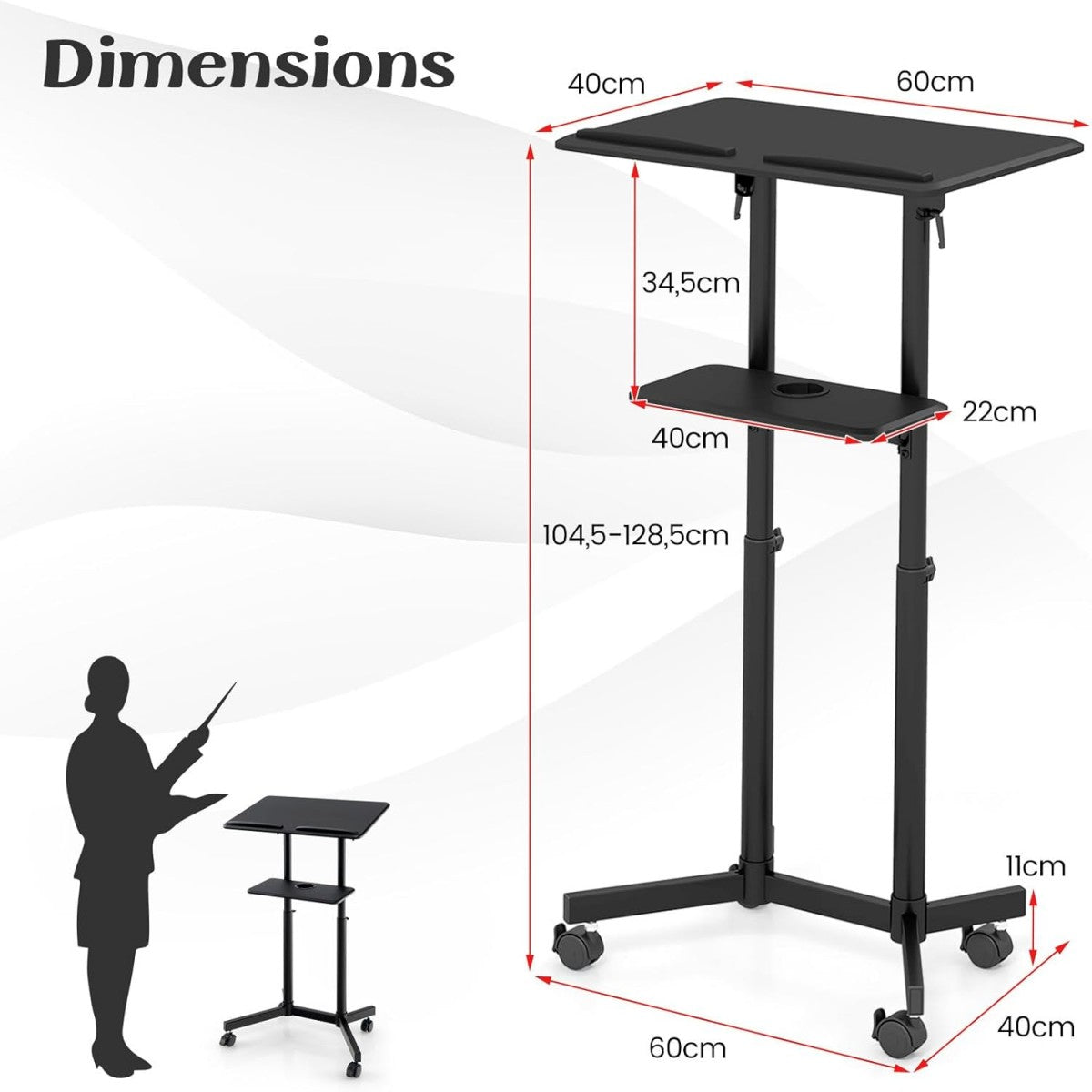 LIVSK Mobiele Lessenaar op Wielen - Verstelbare Hoogte 104,5-128,5 cm - Kantelbaar Bureaublad - Opberglade - Zwart