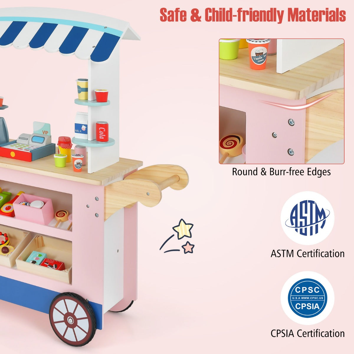 Livsk costway levensmiddelenwagen voor kinderen winkelwinkel hout met 2 planken duwgreep en accessoires verkoopwagen op 3 wielen 3