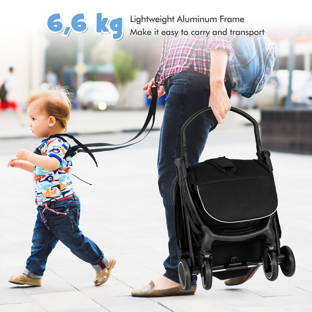 LIVSK Lichtgewicht Kinderwagen - Zwaartekracht In- en Uitvouwen met 5-puntsgordel - Verstelbare Rugleuning - Tot 15 kg - Zwart