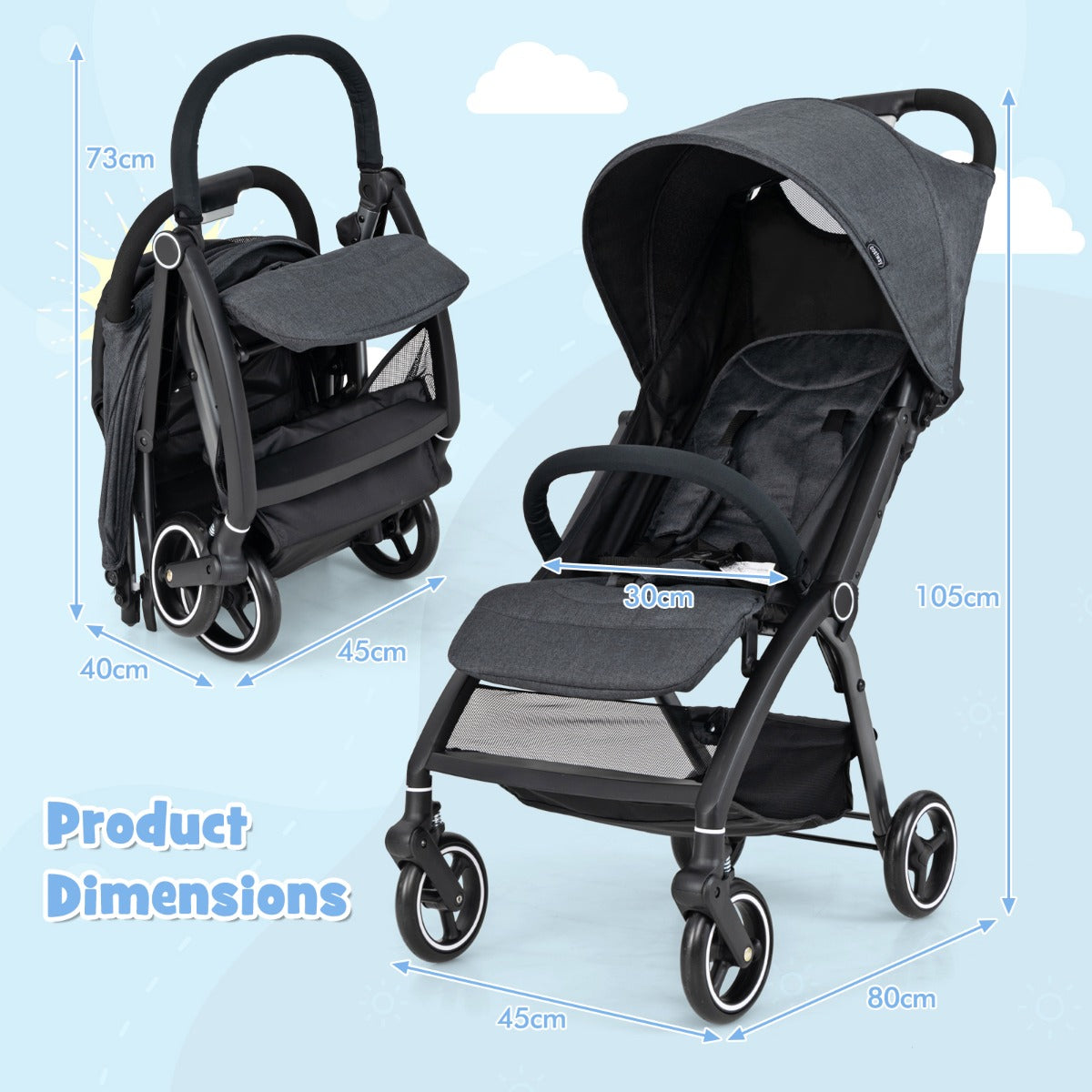 LIVSK Lichtgewicht Opvouwbare Kinderwagen - Verstelbare Rugleuning, Zonnekap, 5-Puntsgordel - Tot 15 kg - Zwart/Grijs