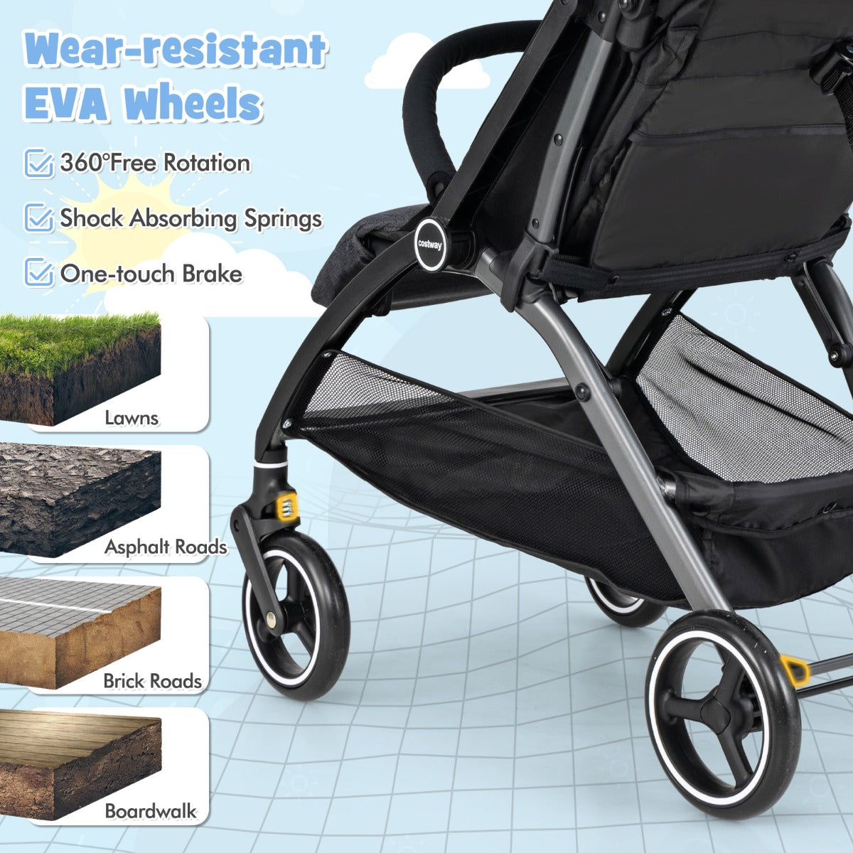 LIVSK Lichtgewicht Opvouwbare Kinderwagen - Verstelbare Rugleuning, Zonnekap, 5-Puntsgordel - Tot 15 kg - Zwart/Grijs