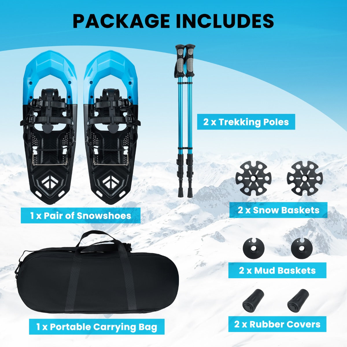 Livsk costway lichtgewicht sneeuwschoenen trekkingstokken set sneeuwschoenset met verstelbare ratelbindingen teenbox blauw 4