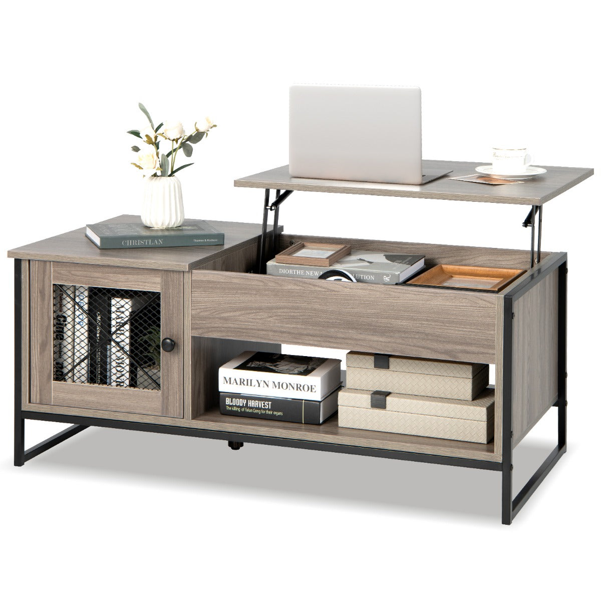 LIVSK Lift-Top Salontafel - Pneumatisch Hefblad - Royale Opbergruimte - Stabiele U-vormige Stalen Poten - 106 x 55 x 44,5 cm -