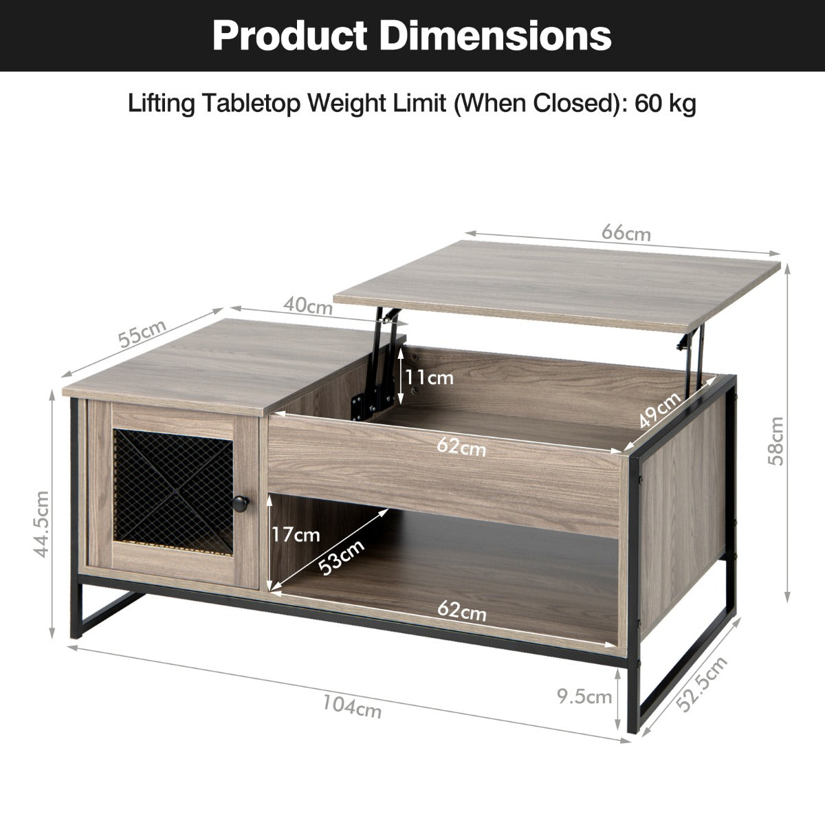 LIVSK Lift-Top Salontafel - Pneumatisch Hefblad - Royale Opbergruimte - Stabiele U-vormige Stalen Poten - 106 x 55 x 44,5 cm -