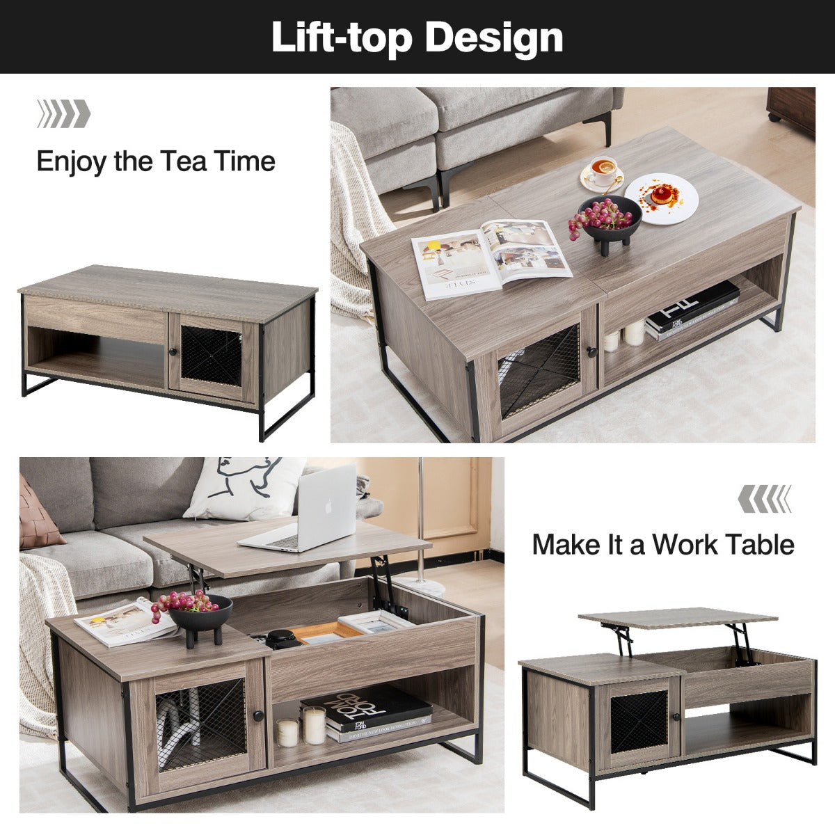 LIVSK Lift-Top Salontafel - Pneumatisch Hefblad - Royale Opbergruimte - Stabiele U-vormige Stalen Poten - 106 x 55 x 44,5 cm -