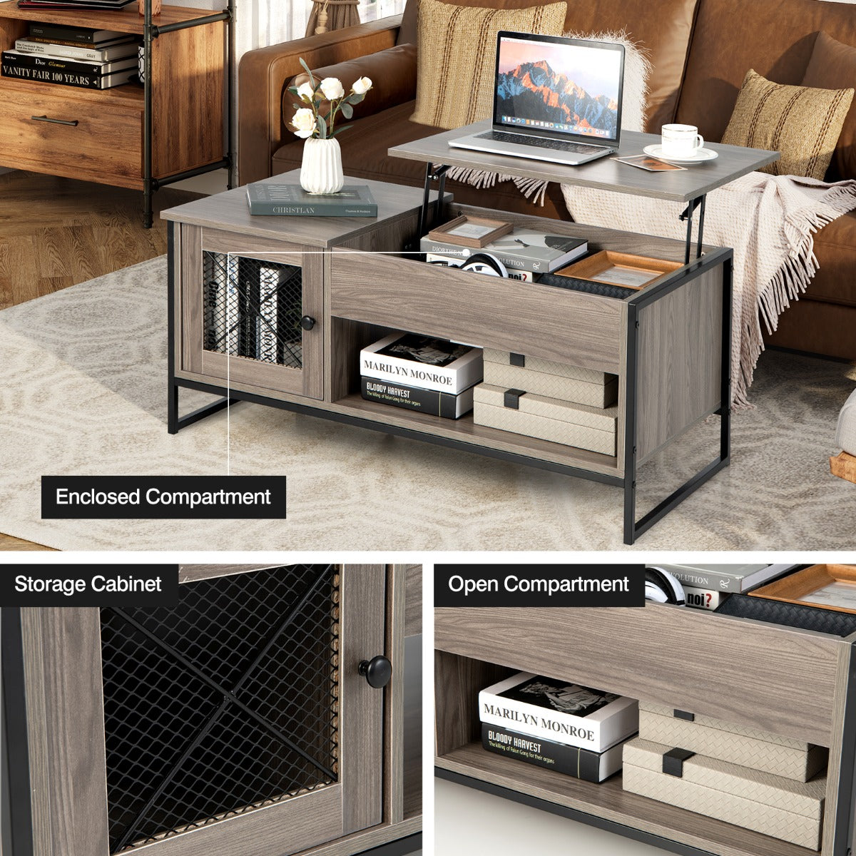 LIVSK Lift-Top Salontafel - Pneumatisch Hefblad - Royale Opbergruimte - Stabiele U-vormige Stalen Poten - 106 x 55 x 44,5 cm -