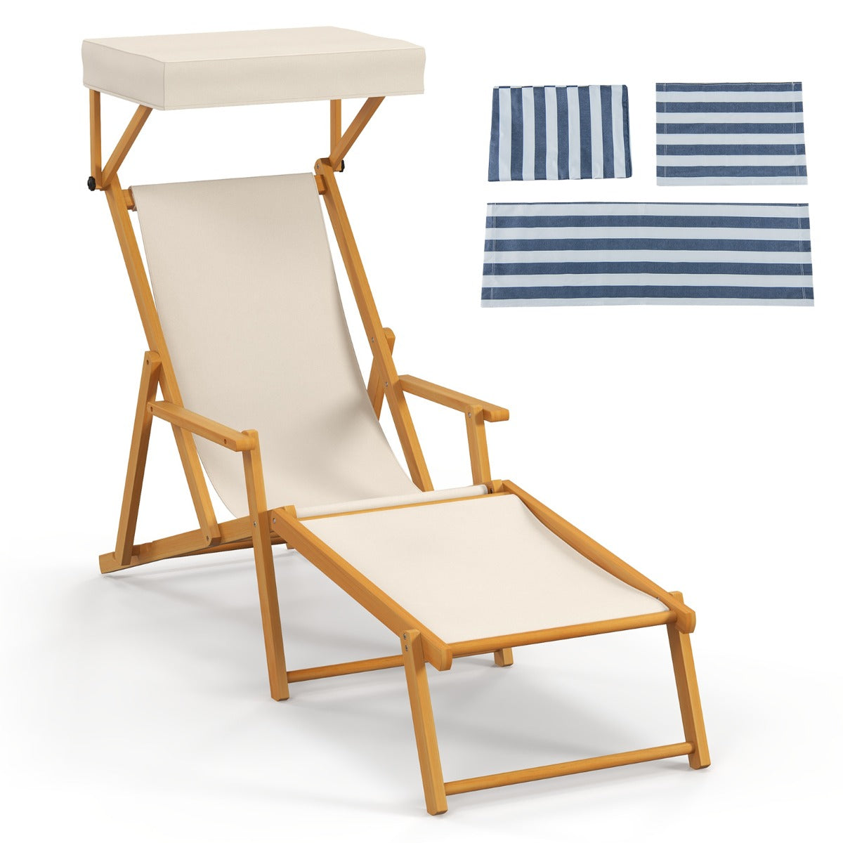 LIVSK Opvouwbare Strandligstoel - Verstelbare Luifel en Rugleuning - Berkenhout - Comfortabele Voetensteun - Tot 100 kg - Beige +