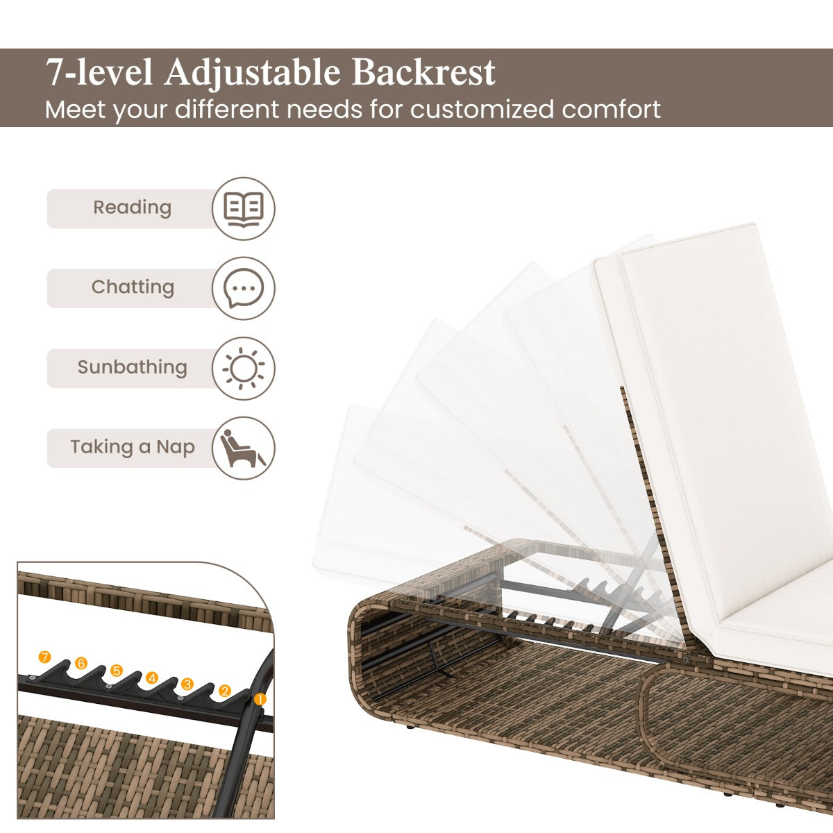 LIVSK Outdoor Ligstoel van PE-Rattan - 7 Verstelbare Standen - Belastbaar tot 180 kg - Opbergruimte - Gemengd bruin / Gebroken wit