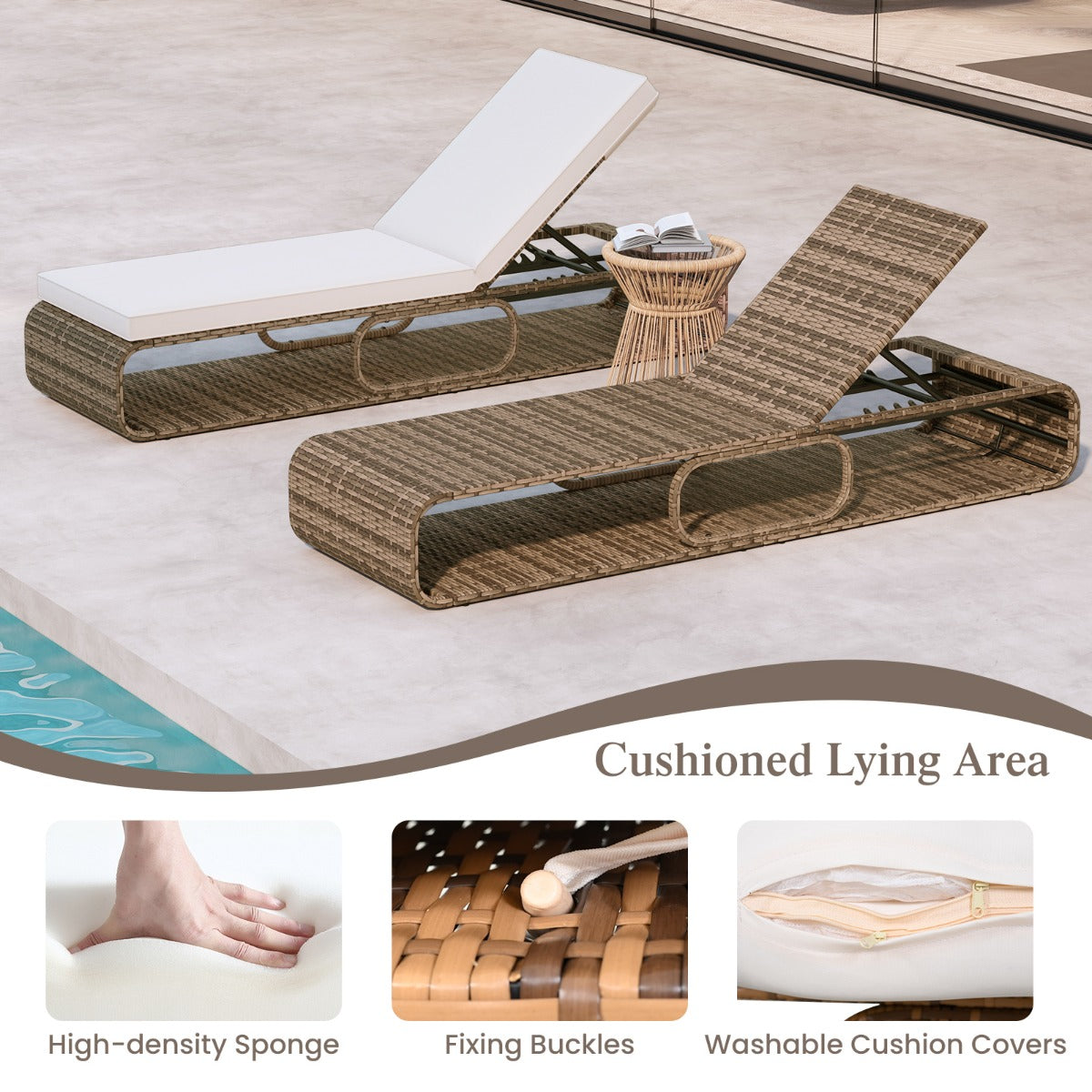 LIVSK Outdoor Ligstoel van PE-Rattan - 7 Verstelbare Standen - Belastbaar tot 180 kg - Opbergruimte - Gemengd bruin / Gebroken wit