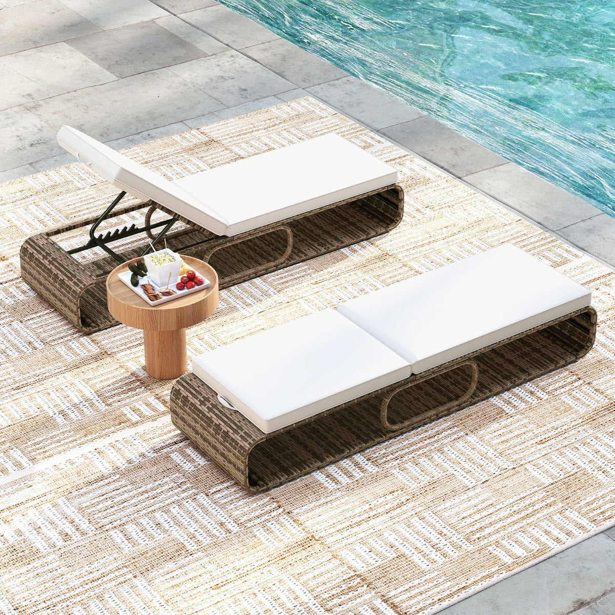 LIVSK Outdoor Ligstoel van PE-Rattan - 7 Verstelbare Standen - Belastbaar tot 180 kg - Opbergruimte - Gemengd bruin / Gebroken wit