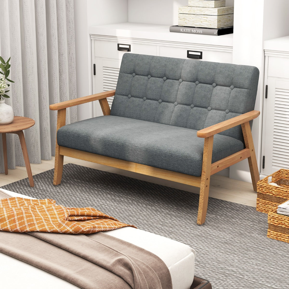 LIVSK 2-zits Linnen Loveseat - Ademend Stof - Rubberhouten Frame - Comfortabele Zitting - Tot 250 kg - Grijs