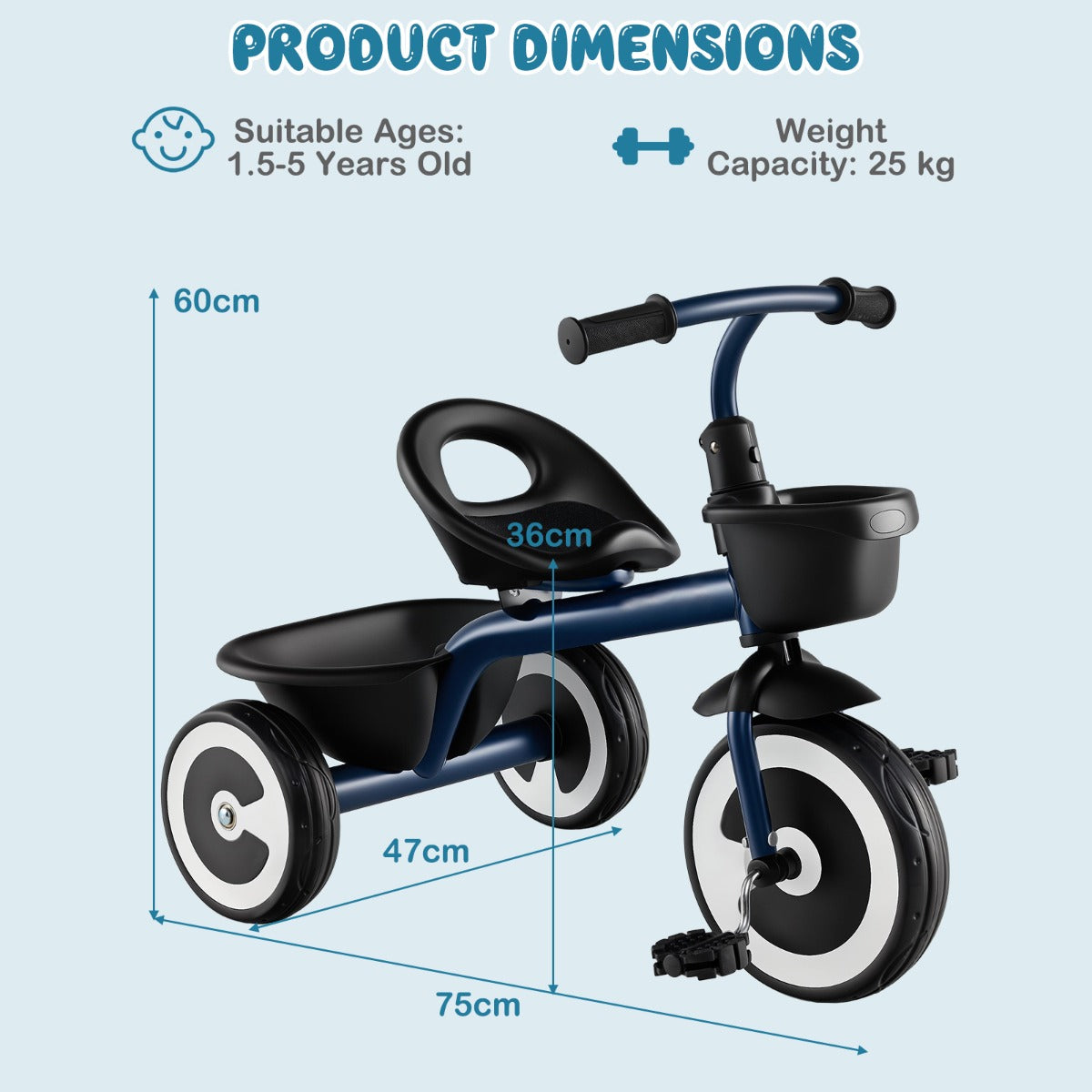 LIVSK Driewieler voor Kinderen - Verstelbare Zitting - Stabiel Koolstofijzeren Frame - EVA Wielen - Voor Binnen en Buiten - Blauw