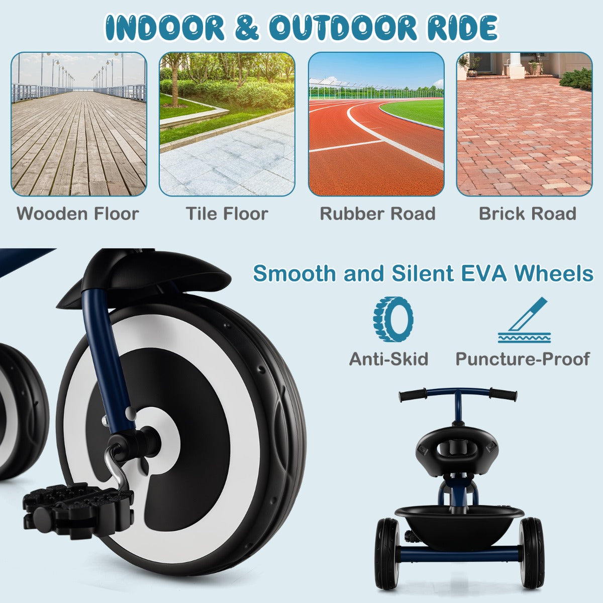 LIVSK Driewieler voor Kinderen - Verstelbare Zitting - Stabiel Koolstofijzeren Frame - EVA Wielen - Voor Binnen en Buiten - Blauw