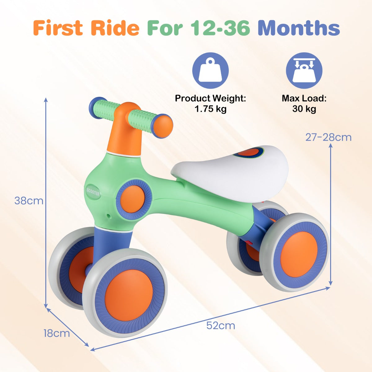 Livsk costway loopfiets voor kinderen rijdend speelgoed met verstelbaar zacht zitkussen vier stille wielen zonder pedalen groen 2