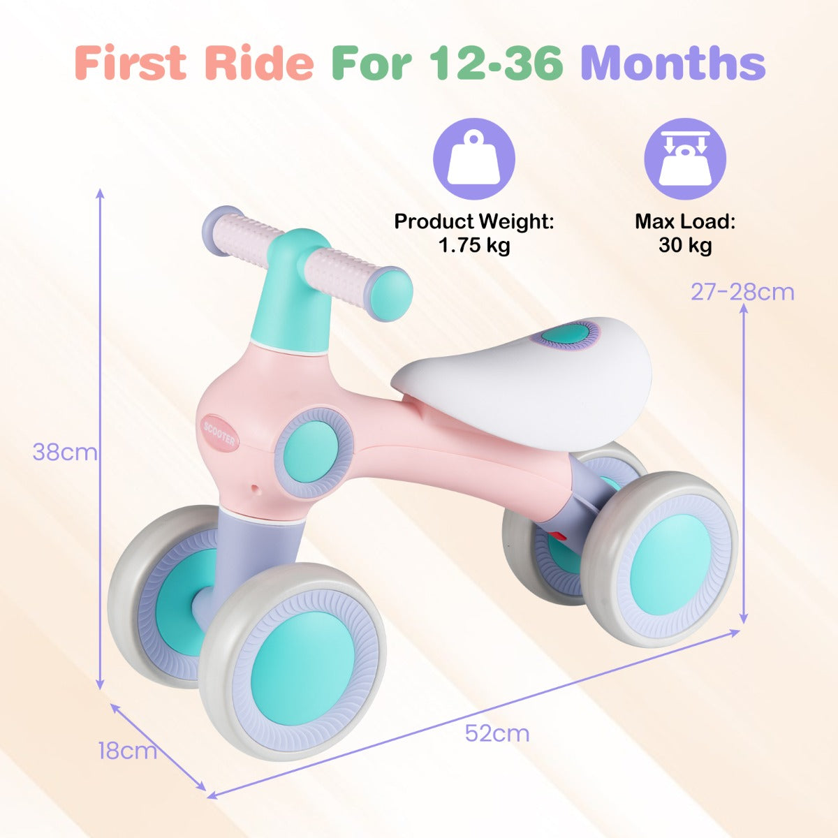 Livsk costway loopfiets voor kinderen rijdend speelgoed met verstelbaar zacht zitkussen vier stille wielen zonder pedalen roze 2
