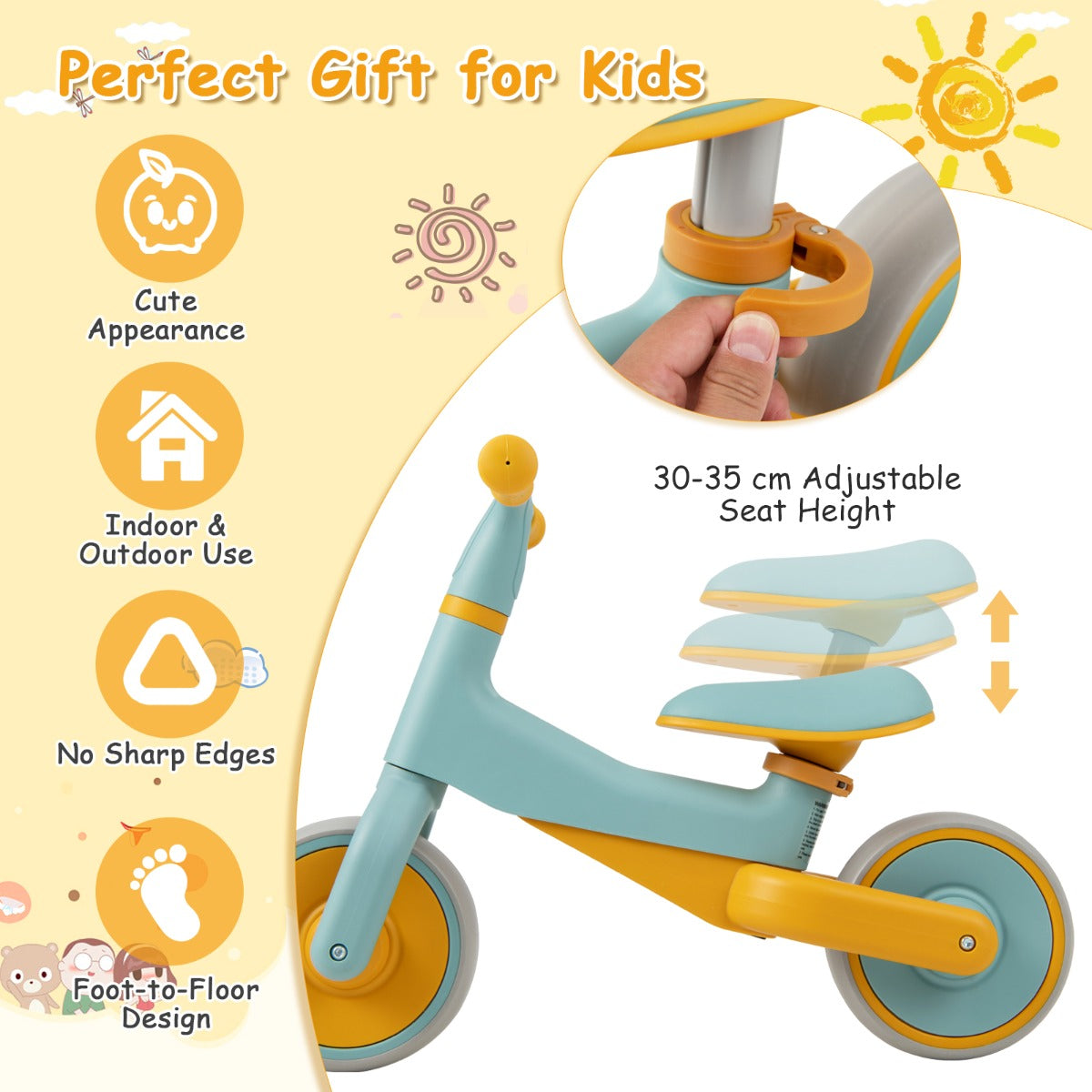 LIVSK Verstelbare Kinderloopfiets - Voor Peuters 18-48 Maanden - PU-Zitting - Duurzame EVA Wielen - Lichtgewicht - Blauw + Oranje