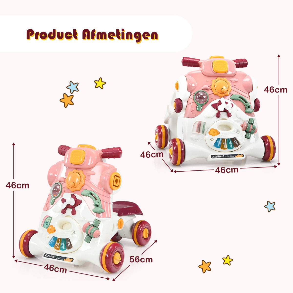 LIVSK 3-in-1 Baby Wandelaar - Veilig ABS/PP - Stabiele Driehoekstructuur - Leerzaam Speelpaneel - Voor 6-36 maanden - Roze