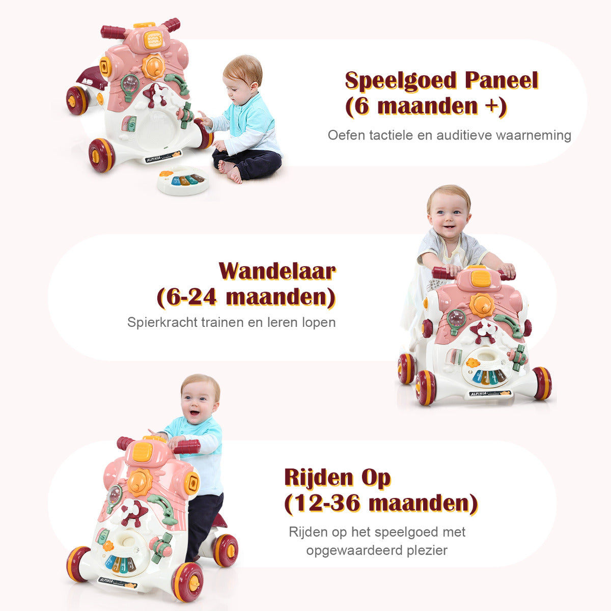 LIVSK 3-in-1 Baby Wandelaar - Veilig ABS/PP - Stabiele Driehoekstructuur - Leerzaam Speelpaneel - Voor 6-36 maanden - Roze