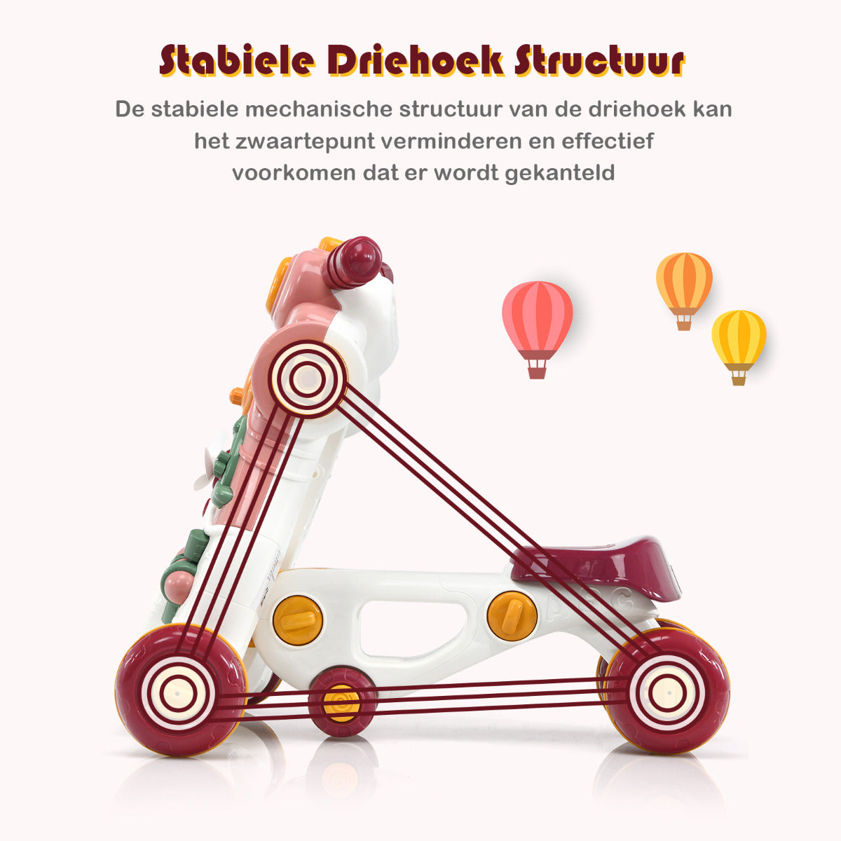 LIVSK 3-in-1 Baby Wandelaar - Veilig ABS/PP - Stabiele Driehoekstructuur - Leerzaam Speelpaneel - Voor 6-36 maanden - Roze