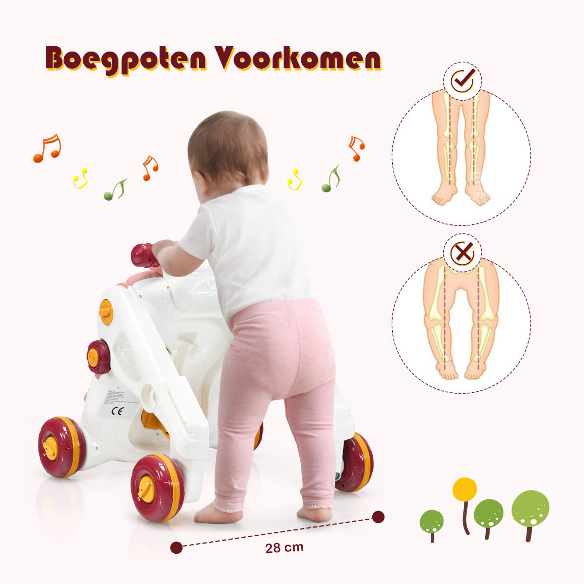 LIVSK 3-in-1 Baby Wandelaar - Veilig ABS/PP - Stabiele Driehoekstructuur - Leerzaam Speelpaneel - Voor 6-36 maanden - Roze