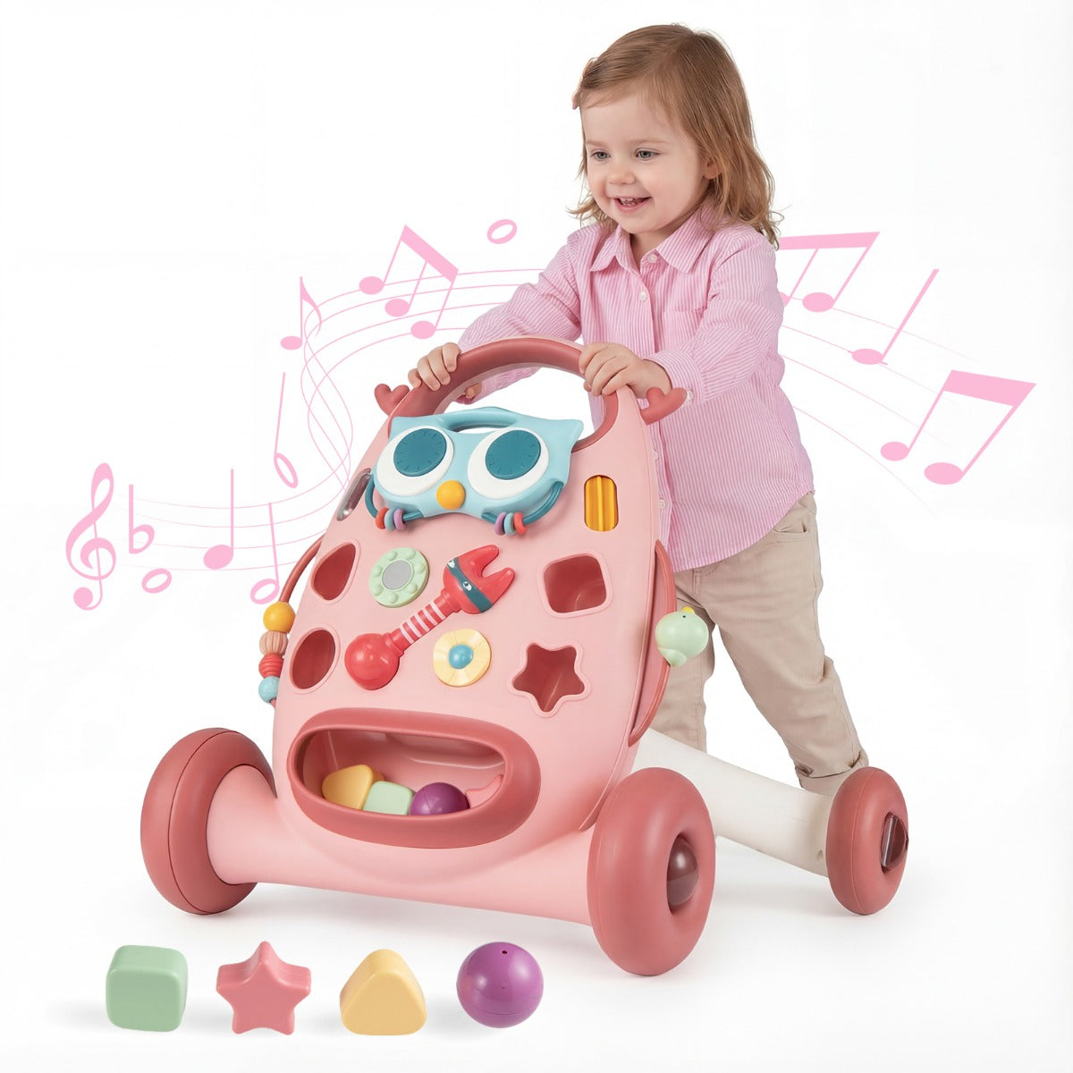 Livsk costway loopwagen loopwagen met rammelaars kralen en glijdende vogel babywalker met 2 draaispeeltjes roze 1 1