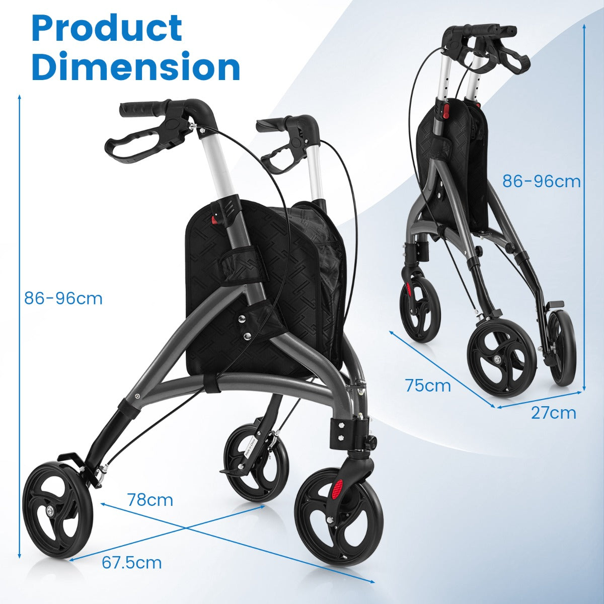 LIVSK Rollator voor Senioren - Lichtgewicht Aluminium - Verstelbare Handgrepen - Antislipwielen - Tot 136 kg - Grijs
