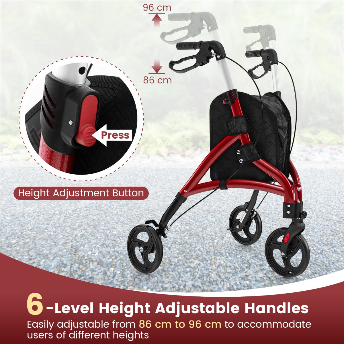 LIVSK Lichtgewicht Rollator voor Senioren - Verstelbare Handgrepen - Aluminium Frame - Veilig Remsysteem - Tot 136 kg - Rood