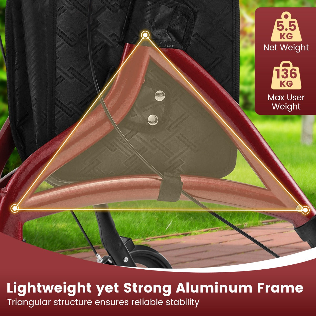 LIVSK Lichtgewicht Rollator voor Senioren - Verstelbare Handgrepen - Aluminium Frame - Veilig Remsysteem - Tot 136 kg - Rood