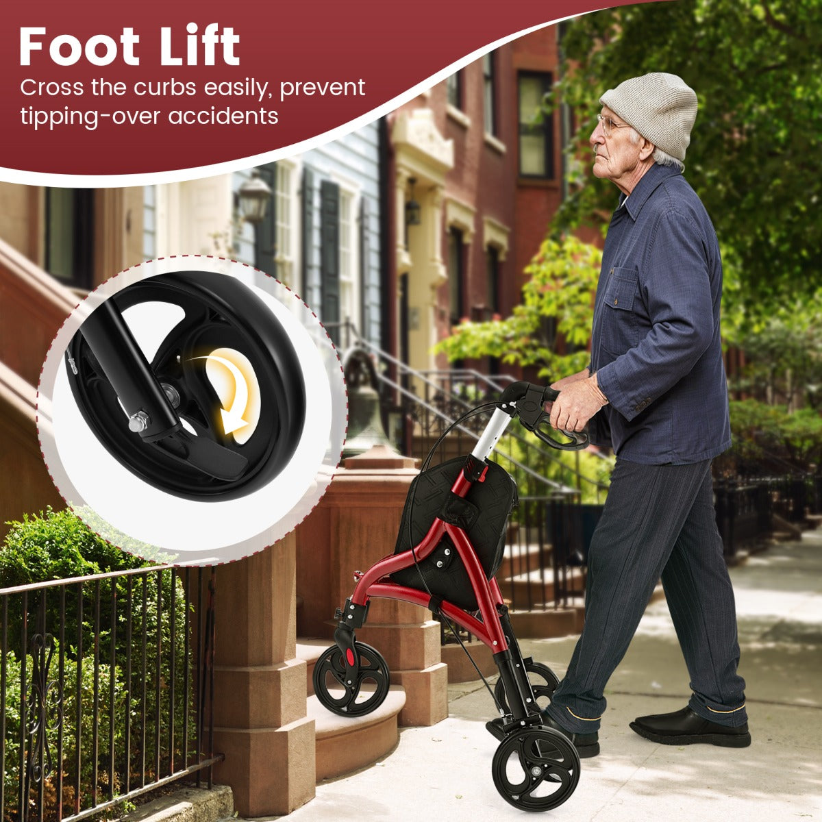 LIVSK Lichtgewicht Rollator voor Senioren - Verstelbare Handgrepen - Aluminium Frame - Veilig Remsysteem - Tot 136 kg - Rood