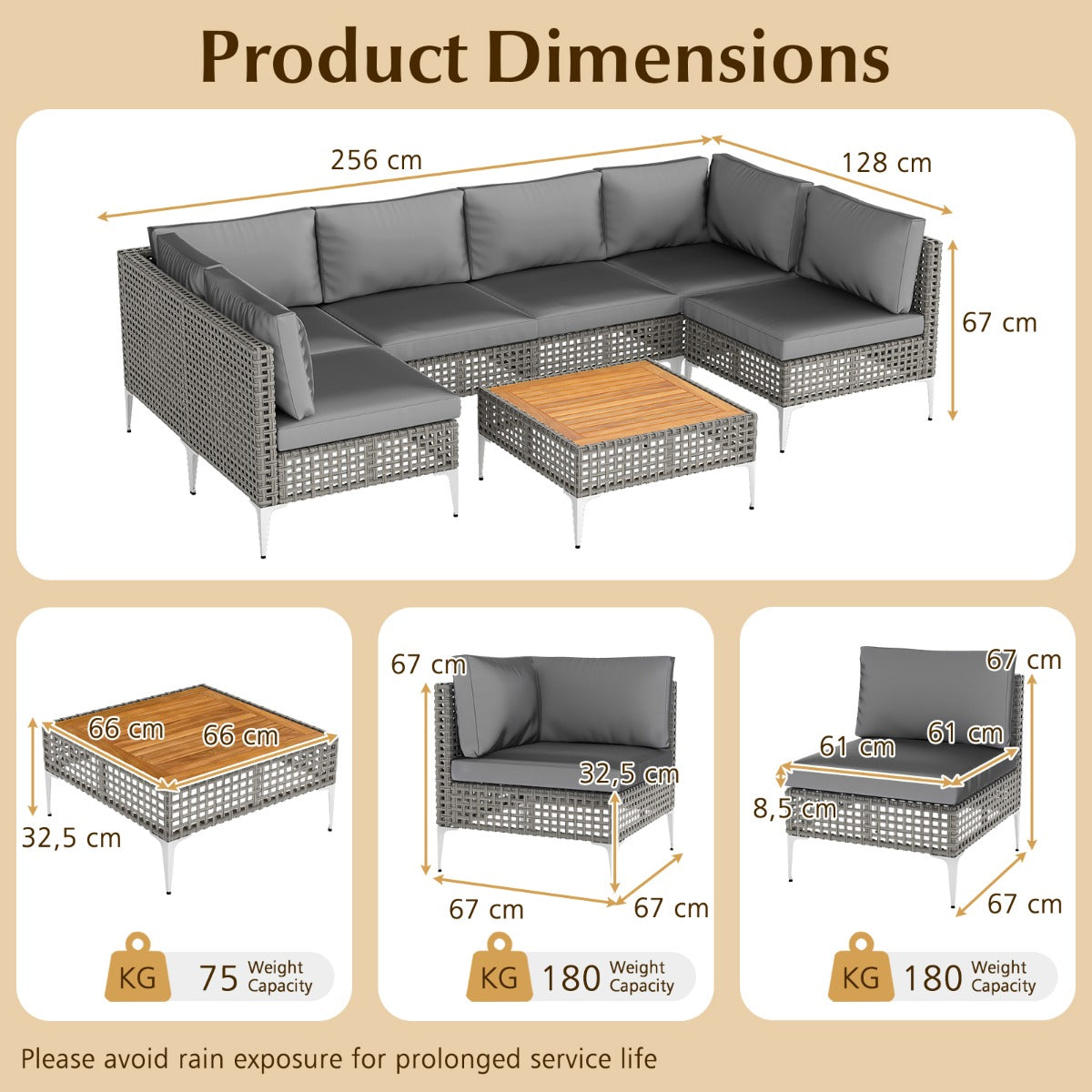 LIVSK Tuinsofa Set - Handgeweven PE-rattan - Inclusief Acaciahouten Salontafel en Kussens - Tot 180 kg per Sofa - Grijs