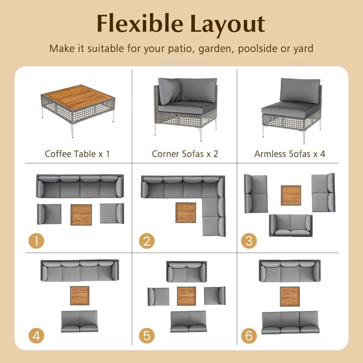 LIVSK Tuinsofa Set - Handgeweven PE-rattan - Inclusief Acaciahouten Salontafel en Kussens - Tot 180 kg per Sofa - Grijs