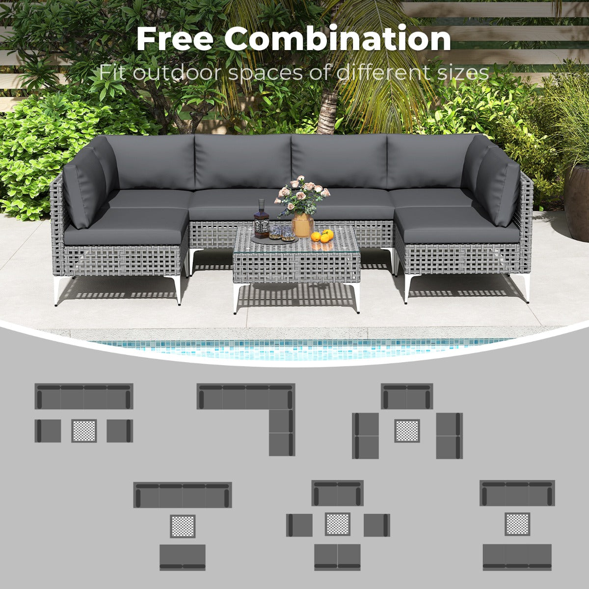 LIVSK 7-delige Tuinlounge Set - Duurzaam PE-vlechtwerk - Comfortabele Kussens - Stabiele Tafel - Mix Grijs