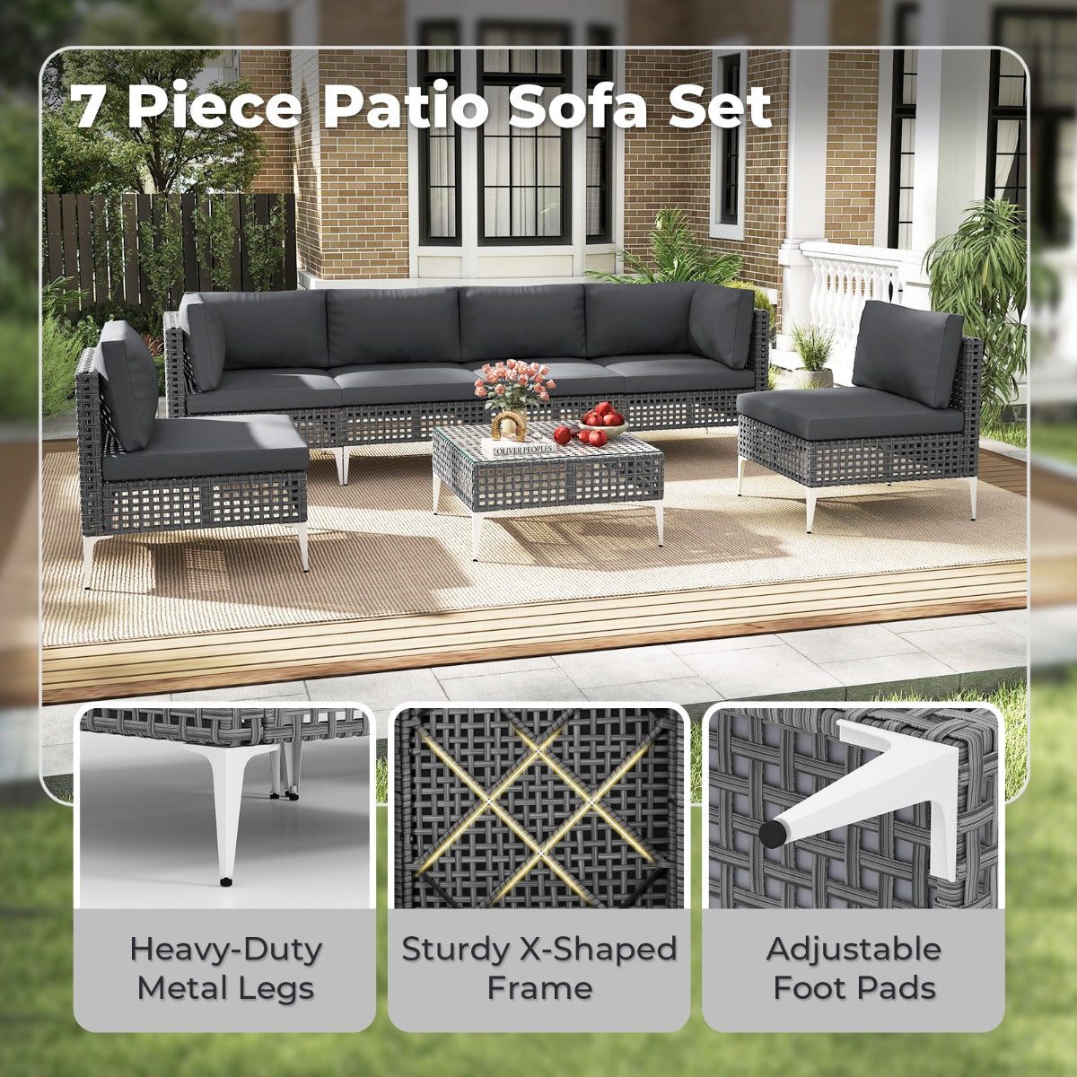 LIVSK 7-delige Tuinlounge Set - Duurzaam PE-vlechtwerk - Comfortabele Kussens - Stabiele Tafel - Mix Grijs