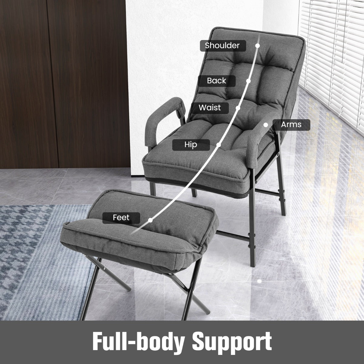 Livsk costway lounge stoelen moderne linnen chaise dappointment met 5 level verstelbare rugleuning relaxatie stoel grijs 3