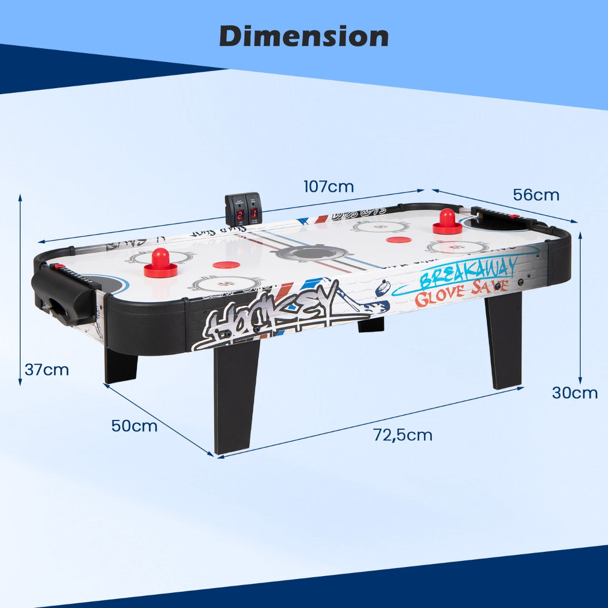 LIVSK Airhockeytafel - Duurzaam MDF met PVC Oppervlak - Inclusief Doelboxen en LED Scorebord - Compact 106,5 x 53,5 x 30,5 cm -