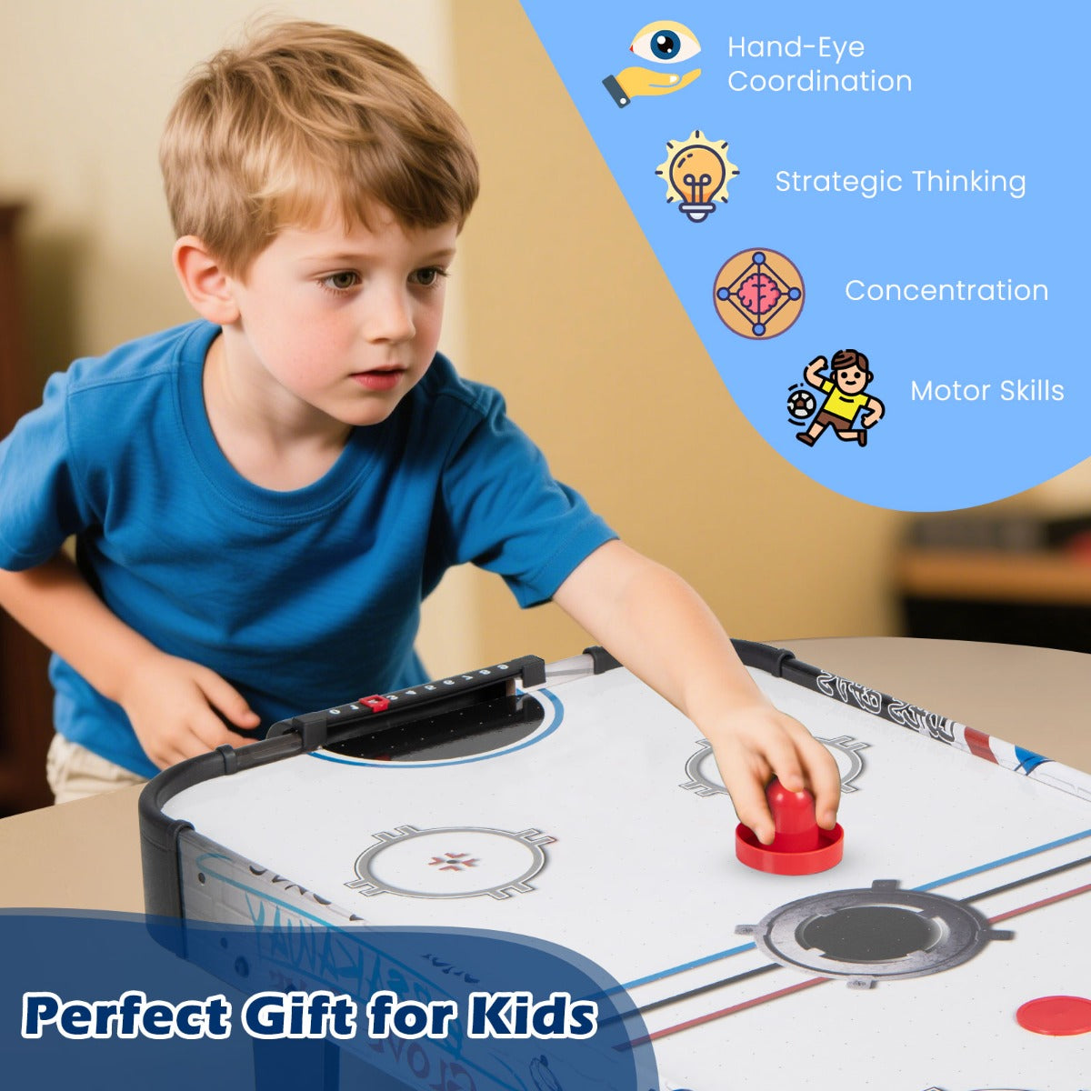 LIVSK Airhockeytafel - Duurzaam MDF met PVC Oppervlak - Inclusief Doelboxen en LED Scorebord - Compact 106,5 x 53,5 x 30,5 cm -