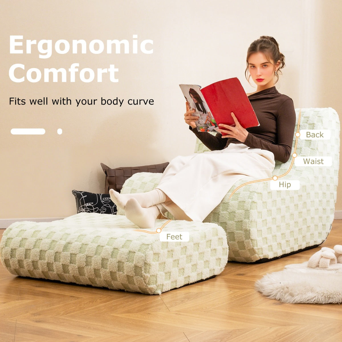 LIVSK Luie Stoelenset met Voetenbankje - Ergonomisch Design - Antislip - Afneembare Hoes - Geen Montage Nodig - Groen