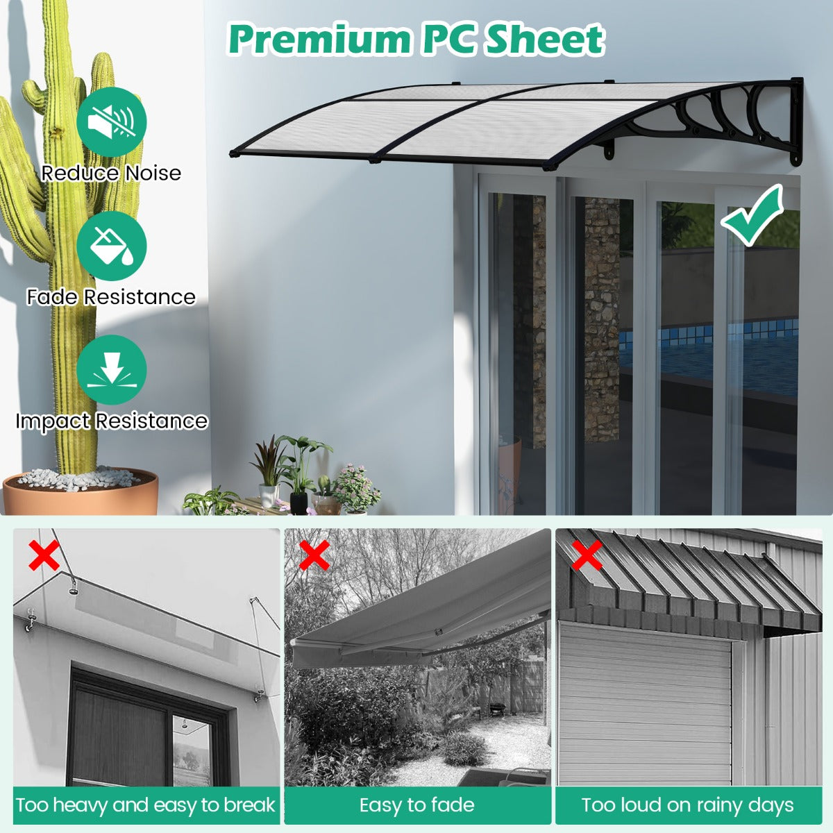 LIVSK Luifel voor Huisdeur - Polycarbonaat Panelen - Aluminium Frame - Weerbestendig - Eenvoudige Installatie - 199 x 99 cm -