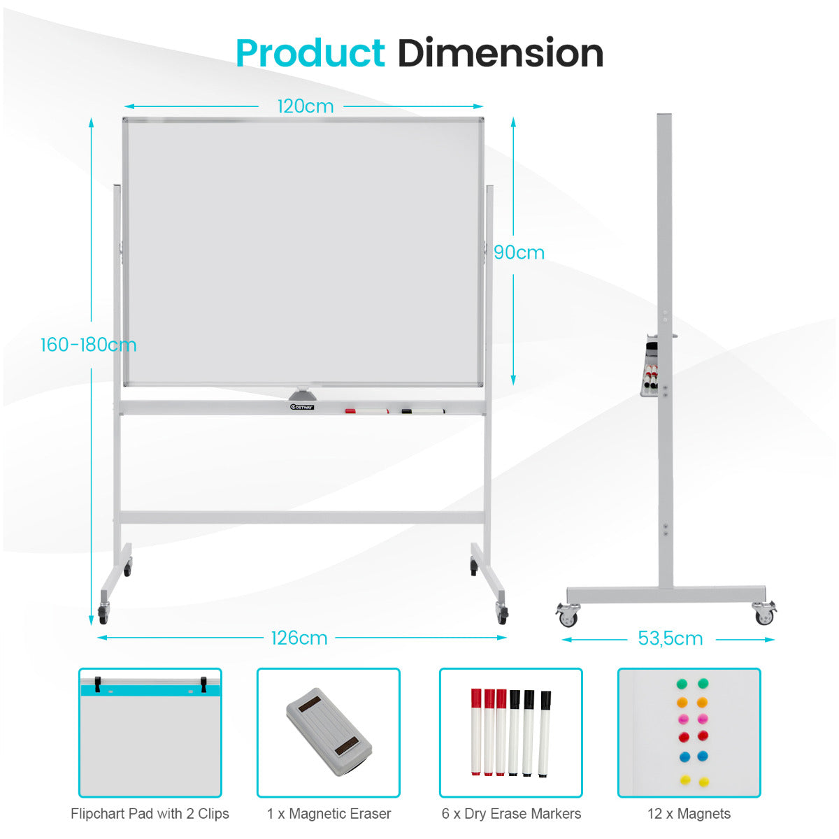 LIVSK Dubbelzijdig Mobiel Whiteboard - Verstelbare Hoogte 160-180 cm - Inclusief Accessoires - Ideaal voor Presentaties - Wit
