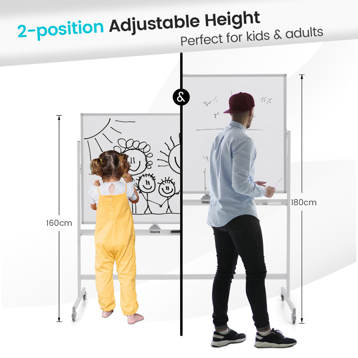 LIVSK Dubbelzijdig Mobiel Whiteboard - Verstelbare Hoogte 160-180 cm - Inclusief Accessoires - Ideaal voor Presentaties - Wit