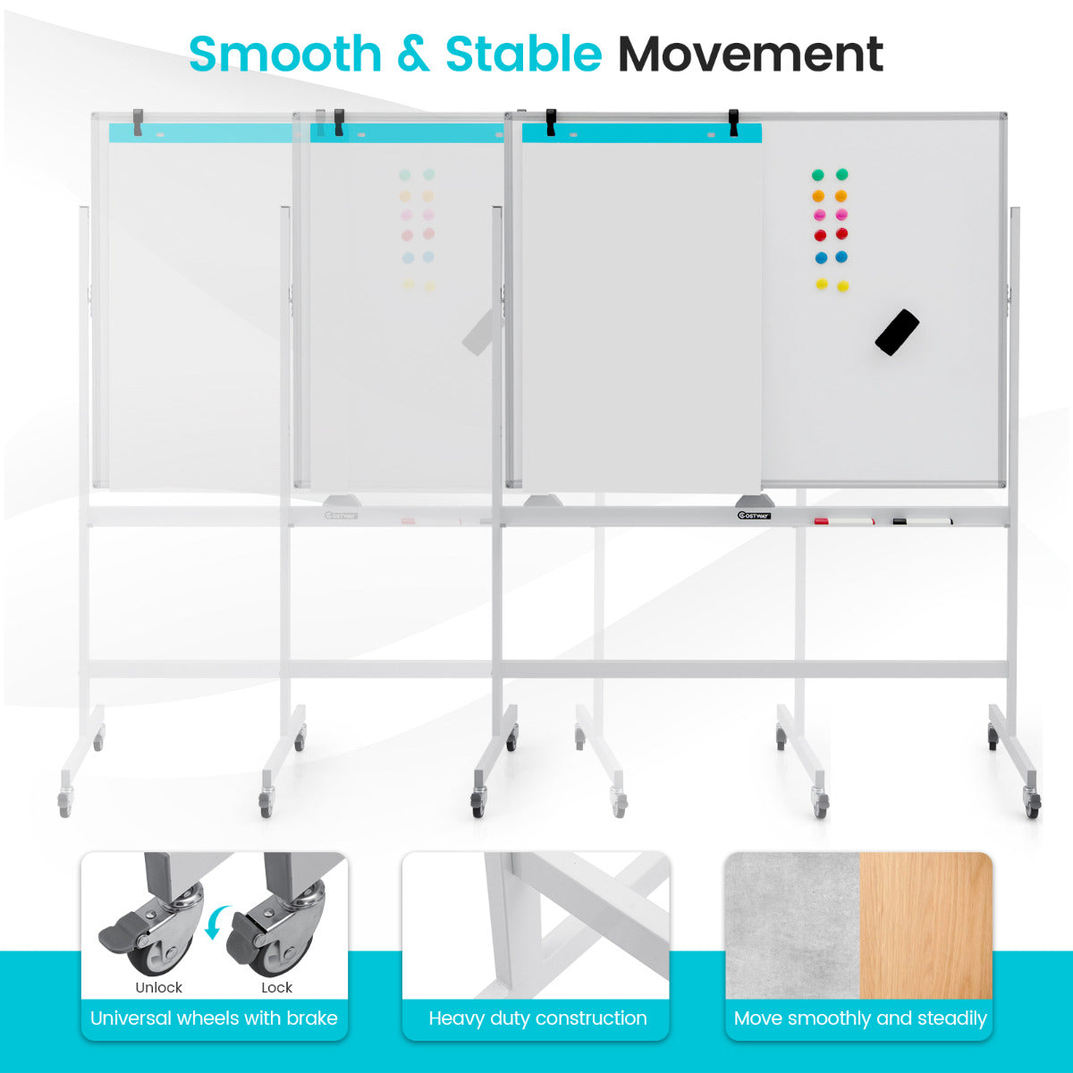 LIVSK Dubbelzijdig Mobiel Whiteboard - Verstelbare Hoogte 160-180 cm - Inclusief Accessoires - Ideaal voor Presentaties - Wit