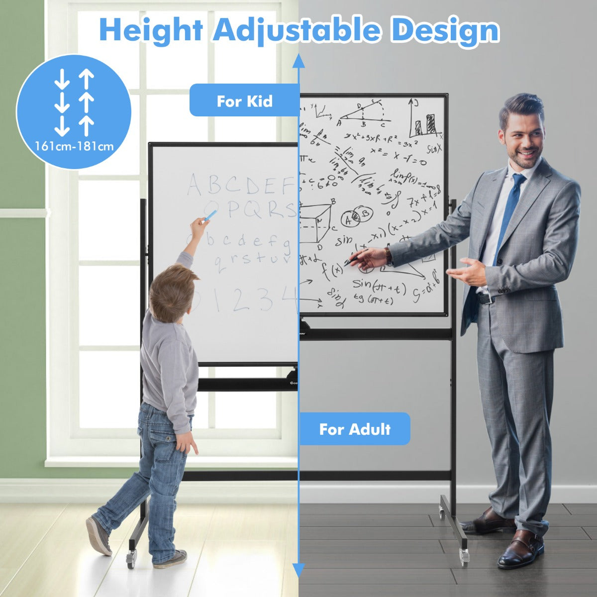 LIVSK Dubbelzijdig Mobiel Whiteboard - Hoogte Verstelbaar 160-180 cm - Inclusief Accessoires - Perfect voor Presentaties - Wit