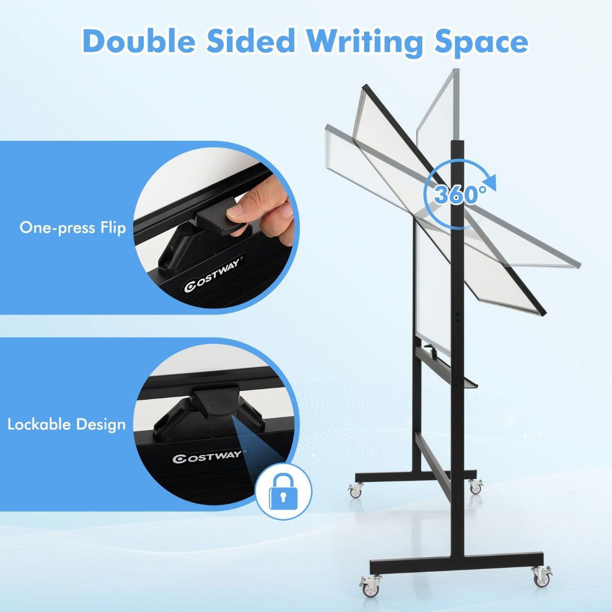 LIVSK Dubbelzijdig Mobiel Whiteboard - Hoogte Verstelbaar 160-180 cm - Inclusief Accessoires - Perfect voor Presentaties - Wit
